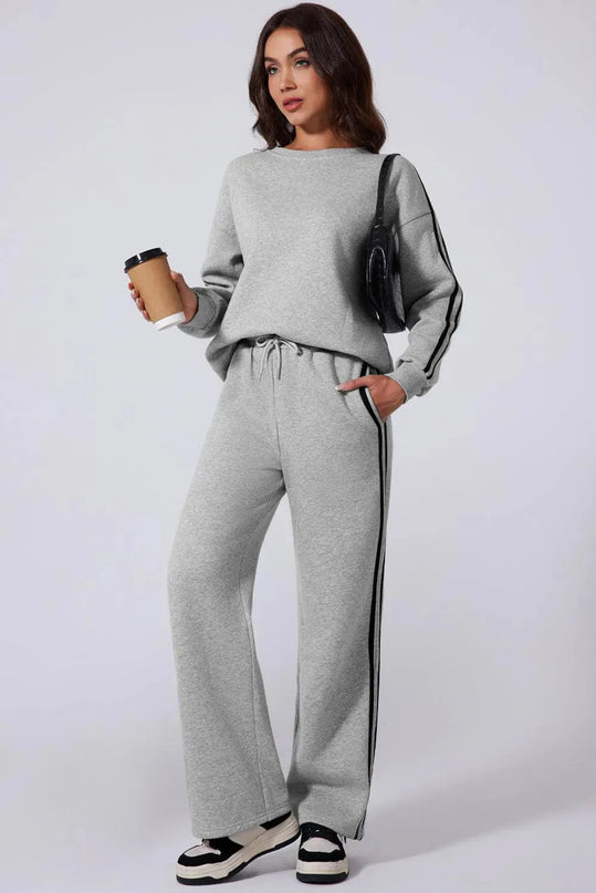 Sporty Side Striped Activewear Set with Round Neck Top and Pants