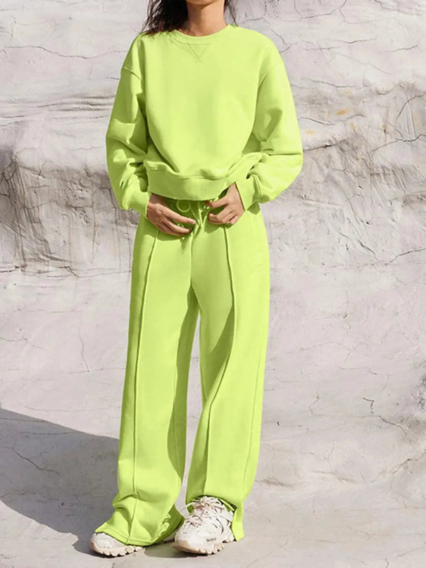 Round Neck Long Sleeve Top and Elastic Waist Pants Set - ShopEasier