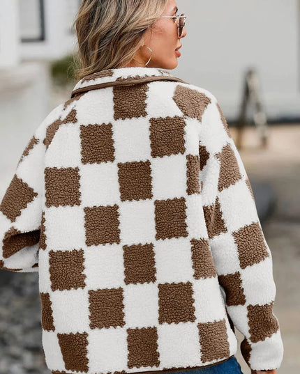 Checkered Snap Down Long Sleeve Teddy Jacket - ShopEasier