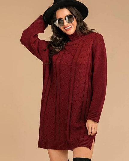 Perfee Slit Turtleneck Long Sleeve Mini Sweater Dress