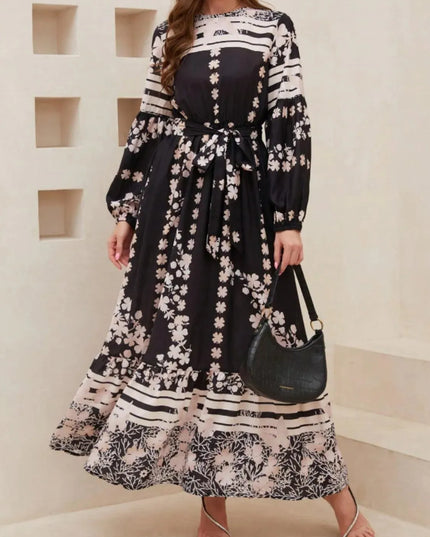 Printed Round Neck Long Sleeve Maxi Dress with Pockets