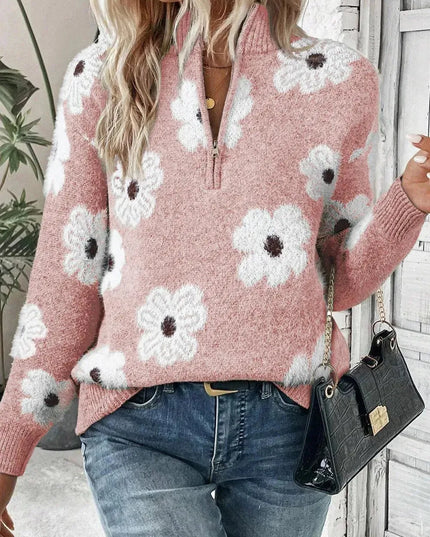 Flower Half Zip Long Sleeve Sweater - ShopEasier