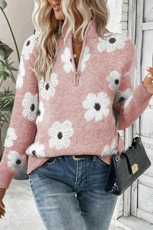 Flower Half Zip Long Sleeve Sweater - ShopEasier