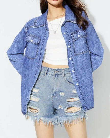 Curved Hem Collared Neck Denim Top - ShopEasier