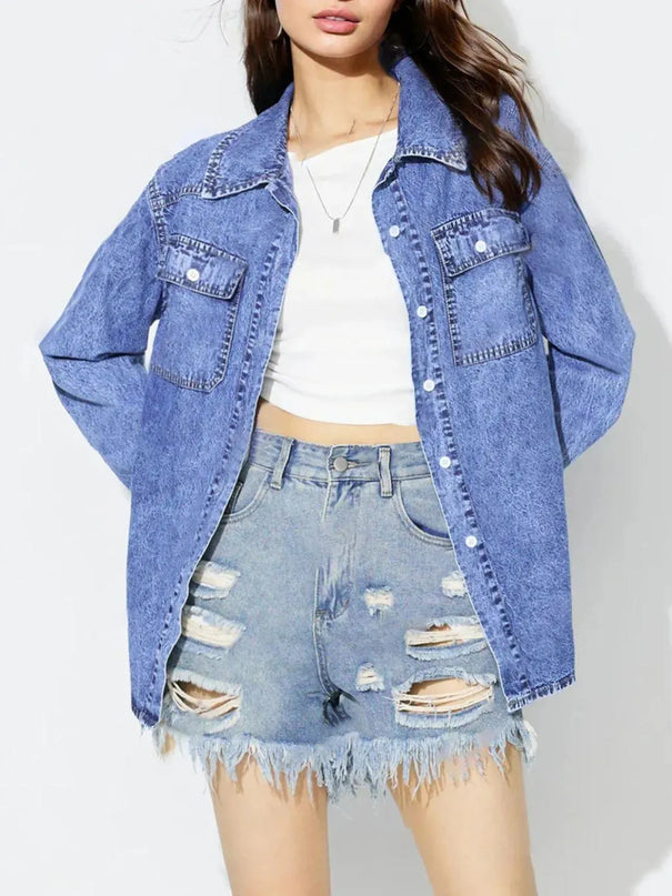 Curved Hem Collared Neck Denim Top - ShopEasier