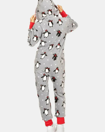 Printed Zip Up Long Sleeve Hooded Jumpsuit - ShopEasier