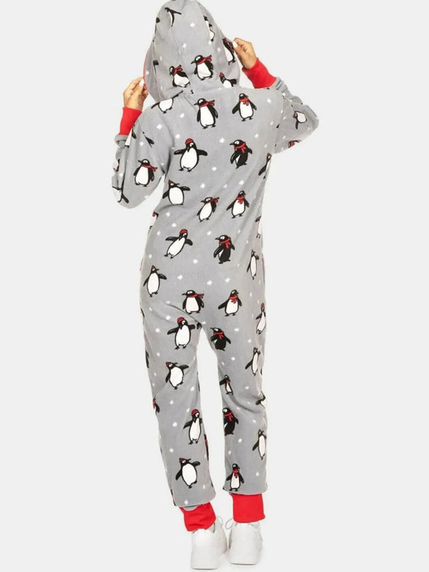 Printed Zip Up Long Sleeve Hooded Jumpsuit - ShopEasier