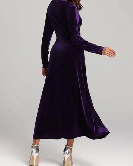 V-Neck Long Sleeve Velvet Dress - ShopEasier