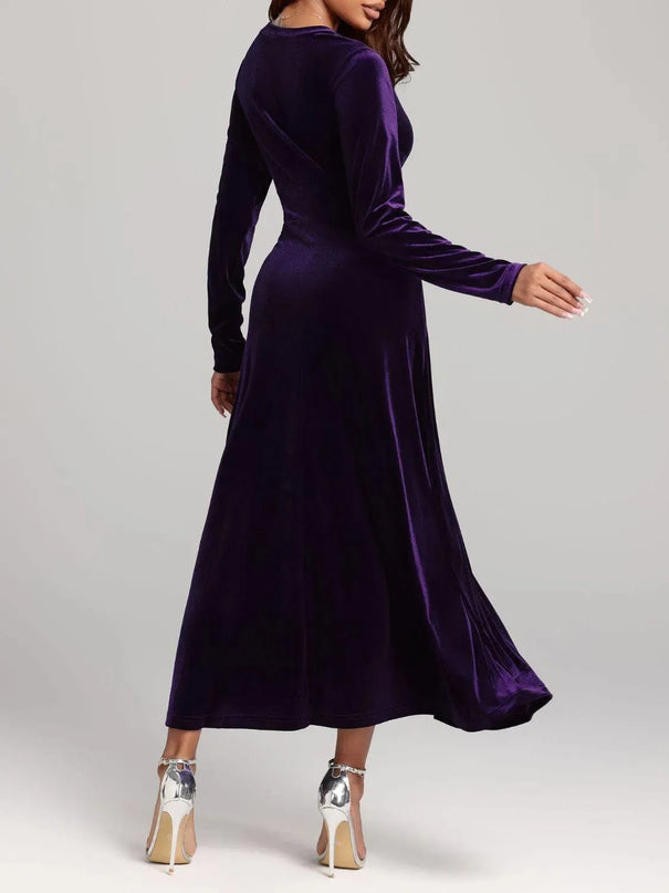 V-Neck Long Sleeve Velvet Dress - ShopEasier