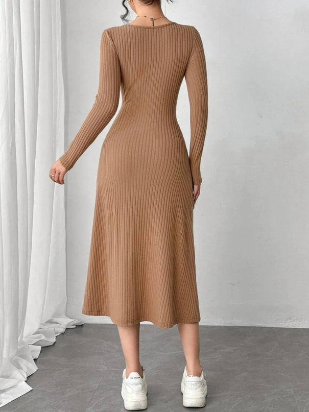 Square Neck Long Sleeve Midi Wrap Dress - ShopEasier