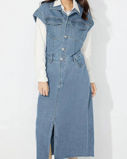 Slit Half Button Collared Neck Cap Sleeve Denim Dress - ShopEasier