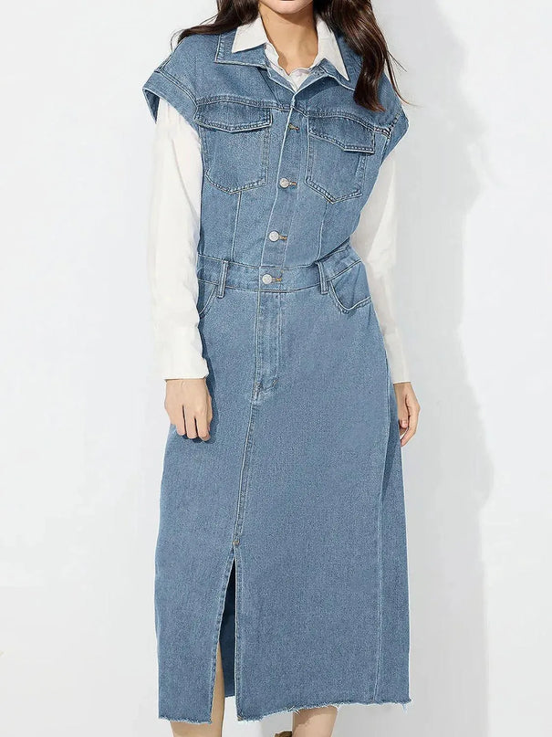 Slit Half Button Collared Neck Cap Sleeve Denim Dress - ShopEasier