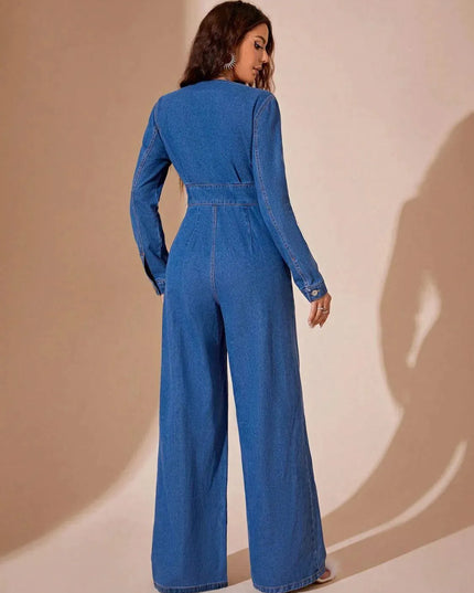 Plunge Long Sleeve Wide Leg Denim Jumpsuit - ShopEasier