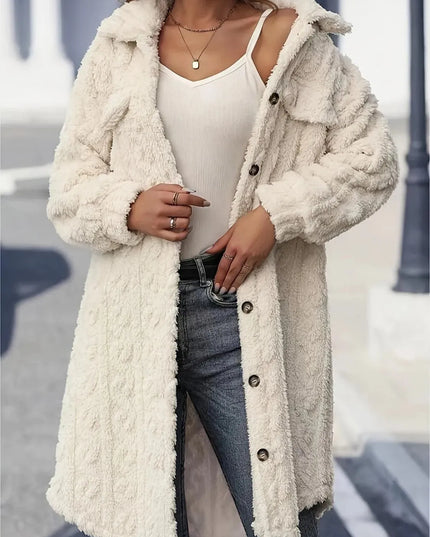 Fuzzy Button Up Long Sleeve Longline Coat - ShopEasier