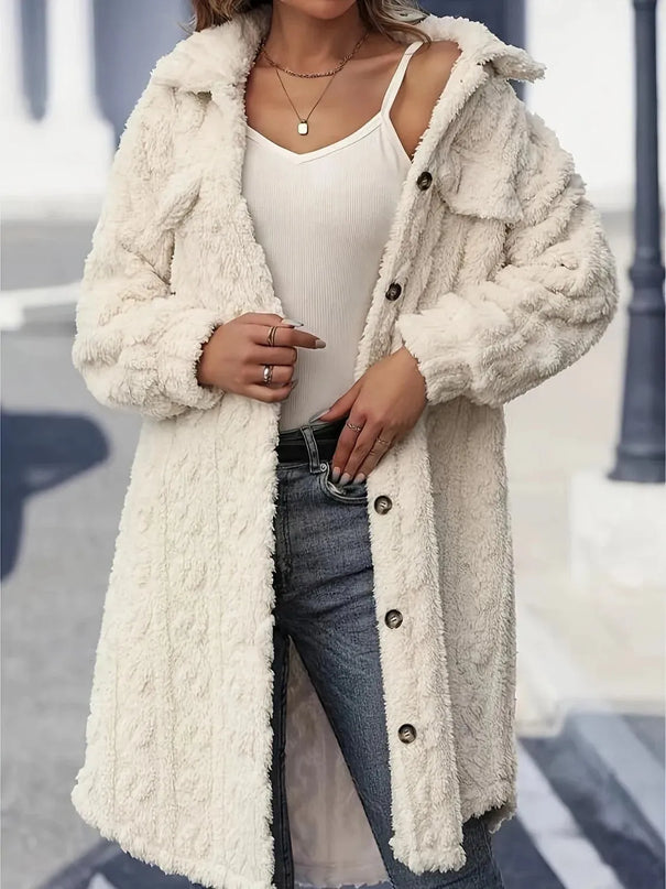 Fuzzy Button Up Long Sleeve Longline Coat - ShopEasier