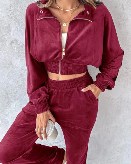 Zip Up Long Sleeve Cropped Top and Joggers Set - ShopEasier