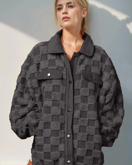 Double Take Button Up Fuzzy Checkered Shacket - ShopEasier