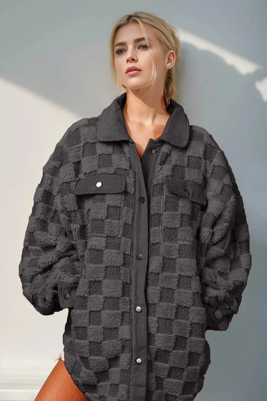 Double Take Button Up Fuzzy Checkered Shacket - ShopEasier