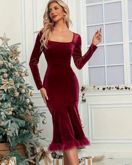 Plush Hem Square Neck Long Sleeve Dress