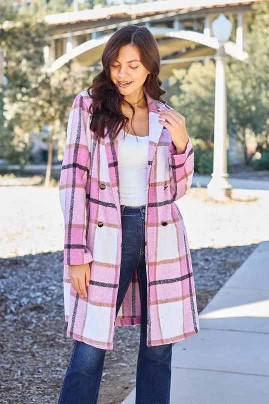 Plaid Button-Up Lapel Coat with Pockets - Full Size Double Take Design