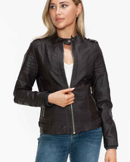 Snobbish PU Leather Biker Jacket with Side Zip Pockets - ShopEasier