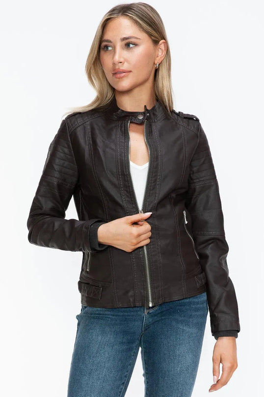 Snobbish PU Leather Biker Jacket with Side Zip Pockets - ShopEasier