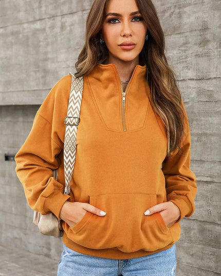 Casual Pocketed Quarter Zip Sweatshirt with Dropped Shoulders