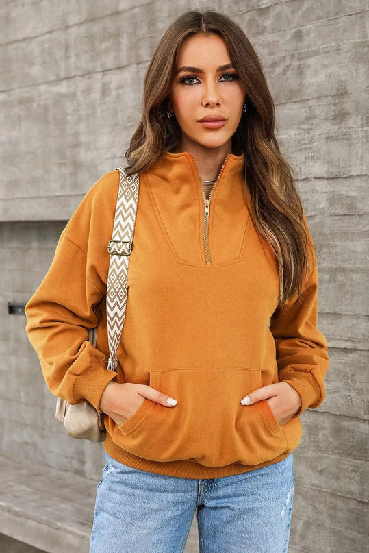 Casual Pocketed Quarter Zip Sweatshirt with Dropped Shoulders