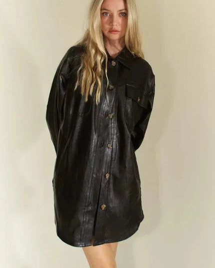 Faux Leather Utility Jacket with Button-Up Front and Chest Pockets