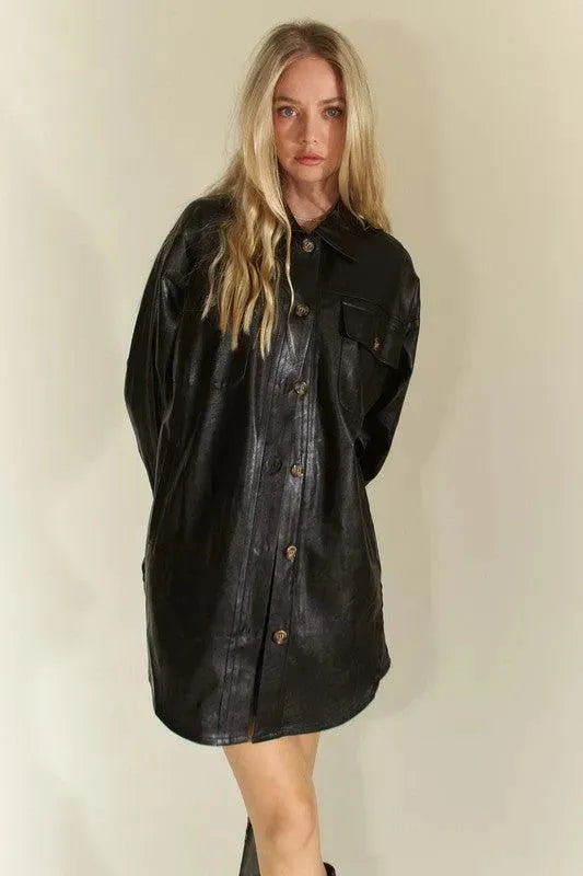 Faux Leather Utility Jacket with Button-Up Front and Chest Pockets