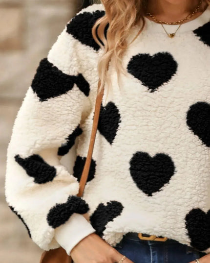 Fuzzy Heart Dropped Shoulder Sweatshirt - ShopEasier