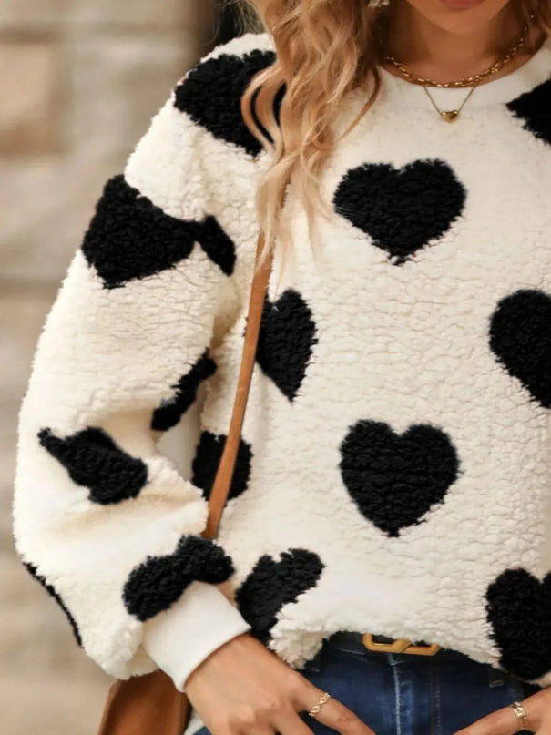 Fuzzy Heart Dropped Shoulder Sweatshirt - ShopEasier