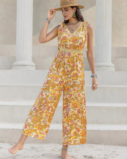 Floral Print V-Neck Tie-Shoulder Jumpsuit