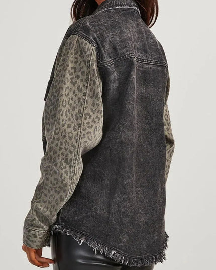 Raw Hem Leopard Snap Down Denim Jacket - ShopEasier