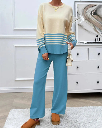 Chic Slit Striped Knit Top and Bottom Ensemble