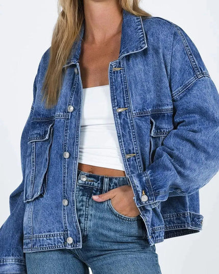 Collared Neck Button Up Denim Jacket - ShopEasier