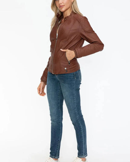 Snobbish Faux Leather Biker Jacket with Side Zip Pockets - ShopEasier