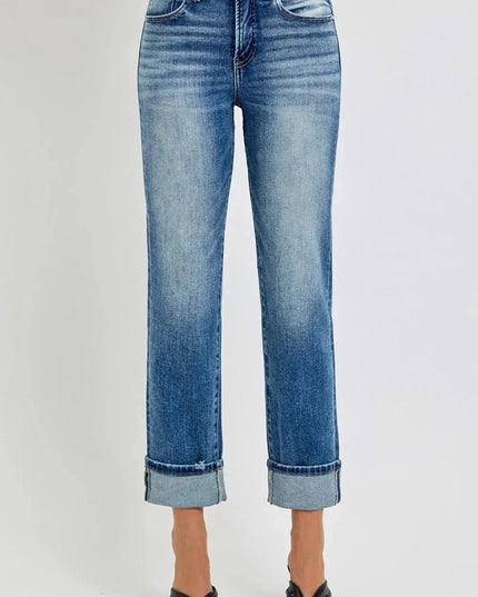 RISEN Full Size High Rise Crop Straight Roll Up Jeans - ShopEasier