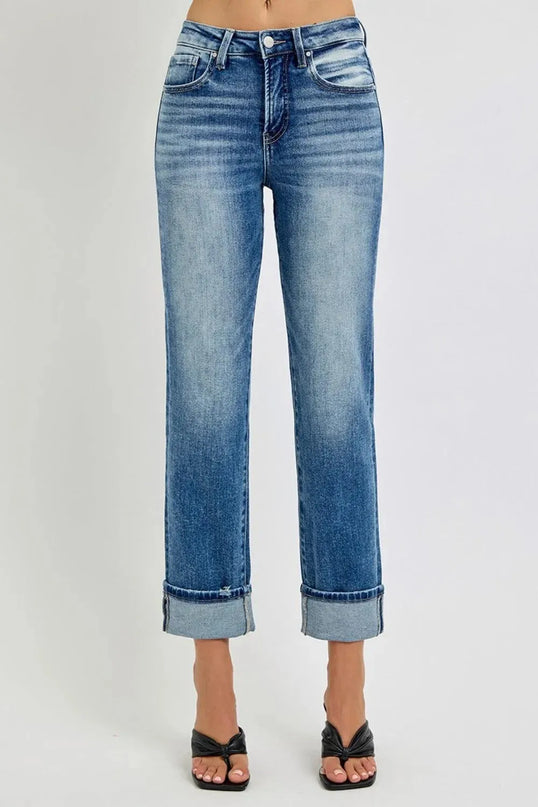 RISEN Full Size High Rise Crop Straight Roll Up Jeans - ShopEasier