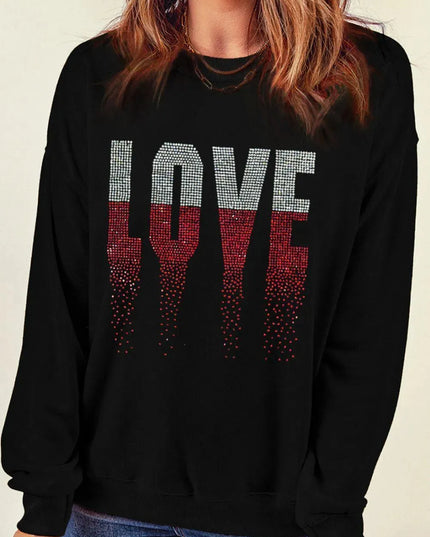 Rhinestone Embellished LOVE Graphic Long Sleeve Sweatshirt