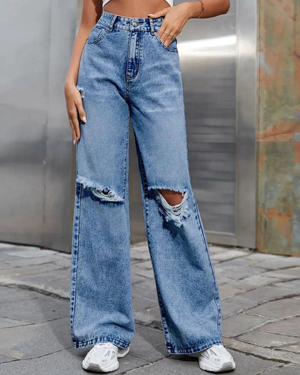 Distressed Wide Leg Jeans with Pockets - ShopEasier