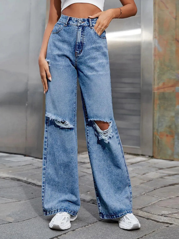 Distressed Wide Leg Jeans with Pockets - ShopEasier