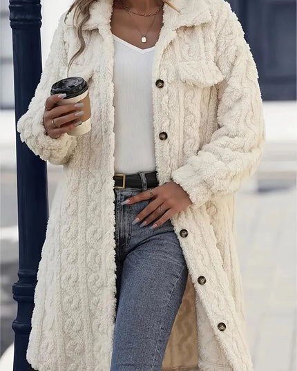 Fuzzy Button Up Long Sleeve Longline Coat - ShopEasier