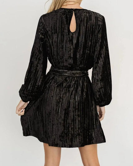 Velvet Round Neck Tie Waist Long Sleeve Mini Dress