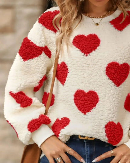 Fuzzy Heart Dropped Shoulder Sweatshirt - ShopEasier