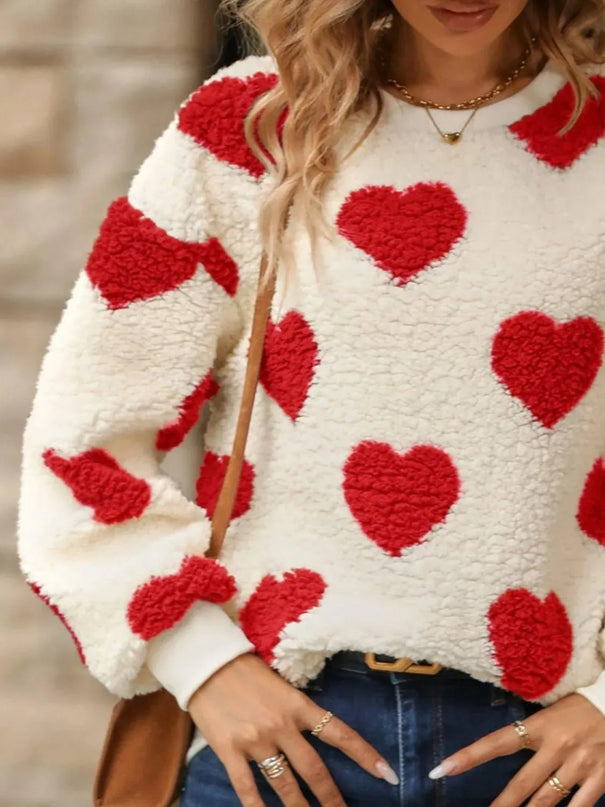 Fuzzy Heart Dropped Shoulder Sweatshirt - ShopEasier