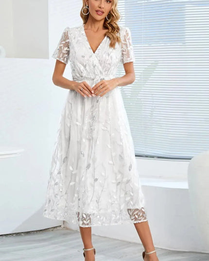 Sequin Leaf Embroidery Tie Front Short Sleeve Dress