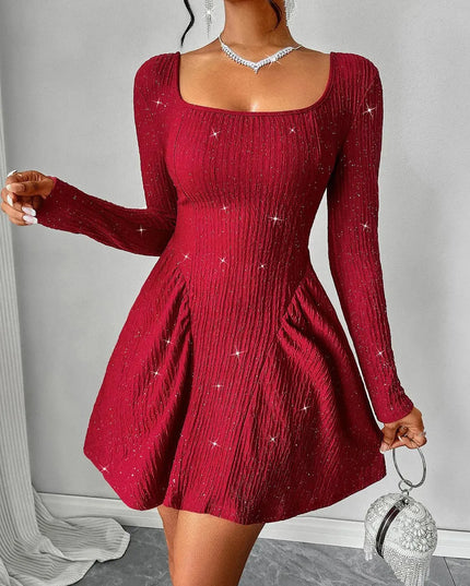 Backless Glitter Square Neck Long Sleeve Mini Dress