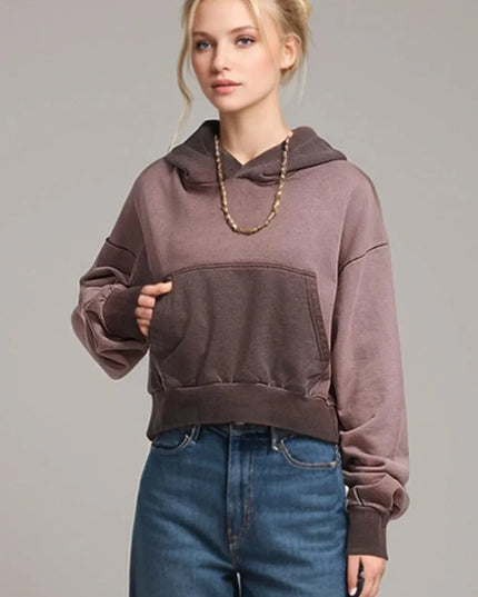 Cropped Cotton Hoodie with Kangaroo Pocket and Long Sleeves