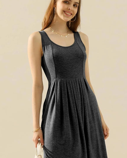 Doublju Full Size Round Neck Ruched Sleeveless Dress with Pockets - ShopEasier